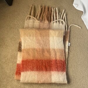 Cozy Plaid Fringe Scarf - Orange & Cream
